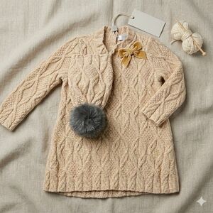 Max Studio 12M Cable Knit Dress & Pom Hat Set NWT Tan Cotton
